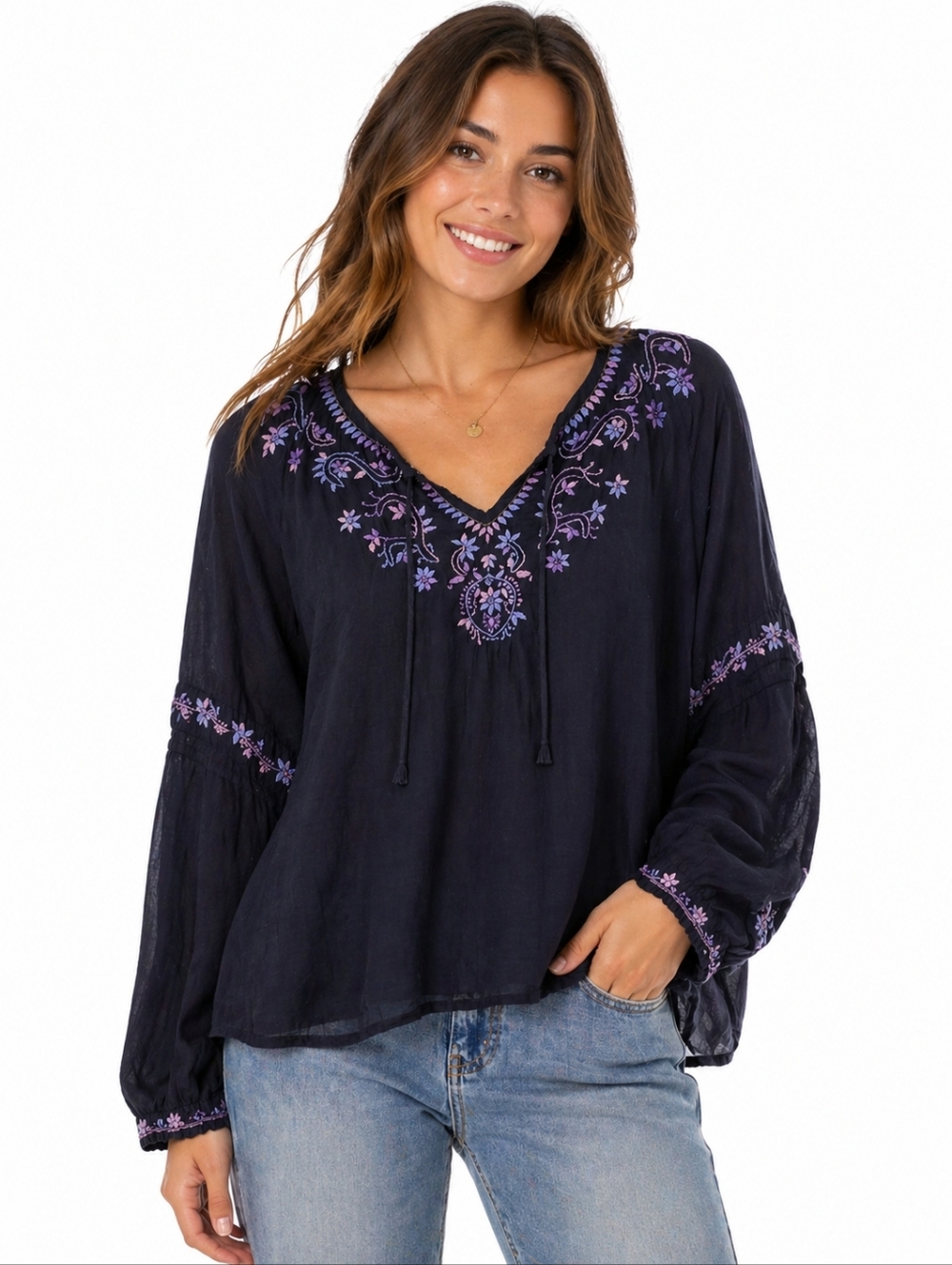 Lucky Brand Embroidered Boho Blouse Purple Sheer Cotton Silk Top Size Medium